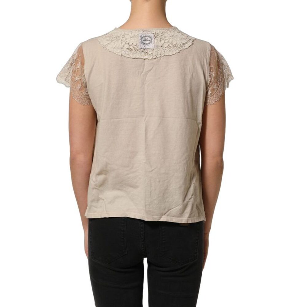 PINK MEMORIES Beige Cotton Lace Detailing Round Neck Women's Top